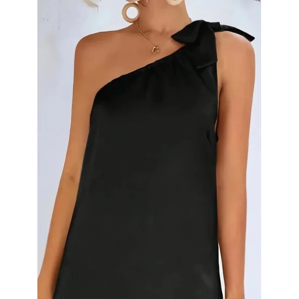 Kadın Tek Omuzdan Askılı Kurdela Detaylı Yırtmaçlı Uzun Janjan Krep Elbise