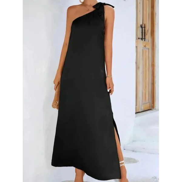 Kadın Tek Omuzdan Askılı Kurdela Detaylı Yırtmaçlı Uzun Janjan Krep Elbise