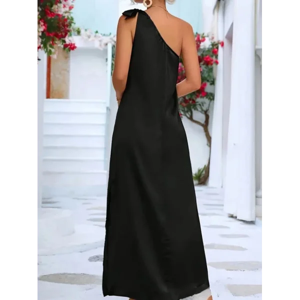 Kadın Tek Omuzdan Askılı Kurdela Detaylı Yırtmaçlı Uzun Janjan Krep Elbise