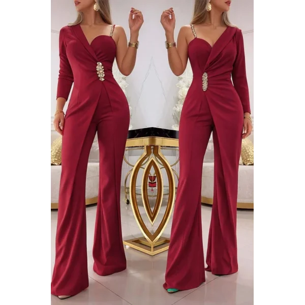 Kadın Tek Omuzdan Askılı Uzun Kollu Yakalı Yandan çiçek Aksesuar Detaylı Ithal Krep Tulum