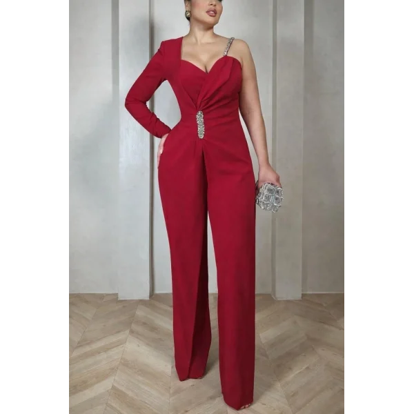 Kadın Tek Omuzdan Askılı Uzun Kollu Yakalı Yandan çiçek Aksesuar Detaylı Ithal Krep Tulum