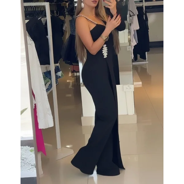 Kadın Tek Omuzdan Askılı Uzun Kollu Yakalı Yandan çiçek Aksesuar Detaylı Ithal Krep Tulum