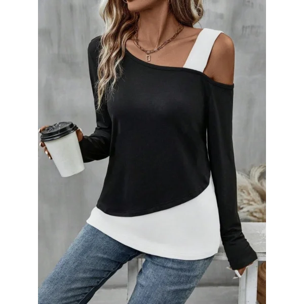 Kadın Tek Omuzu Açık Askılı çift Renkli Uzun Kollu Viskon Bluz