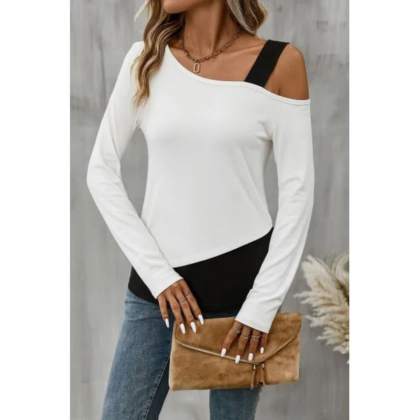 Kadın Tek Omuzu Açık Askılı çift Renkli Uzun Kollu Viskon Bluz