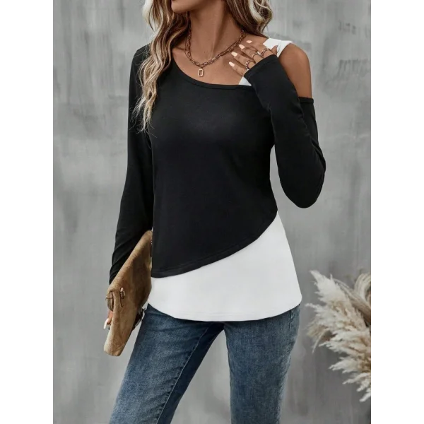 Kadın Tek Omuzu Açık Askılı çift Renkli Uzun Kollu Viskon Bluz