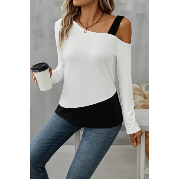 Kadın Tek Omuzu Açık Askılı çift Renkli Uzun Kollu Viskon Bluz