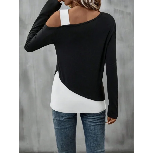 Kadın Tek Omuzu Açık Askılı çift Renkli Uzun Kollu Viskon Bluz