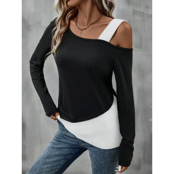 Kadın Tek Omuzu Açık Askılı çift Renkli Uzun Kollu Viskon Bluz