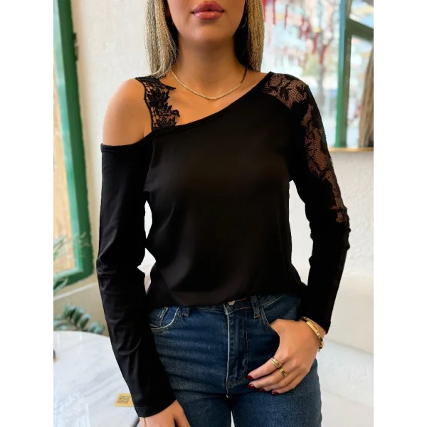 Kadın Tek Omuzu Açık Askılı Dantelli Viskon Bluz