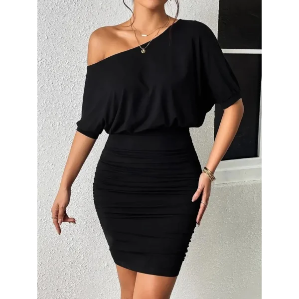 Kadın Tek Omuzu Açık Büzgülü Kısa Sandy Elbise