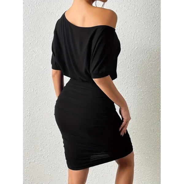 Kadın Tek Omuzu Açık Büzgülü Kısa Sandy Elbise