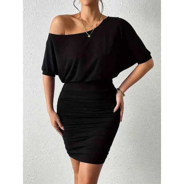 Kadın Tek Omuzu Açık Büzgülü Kısa Sandy Elbise