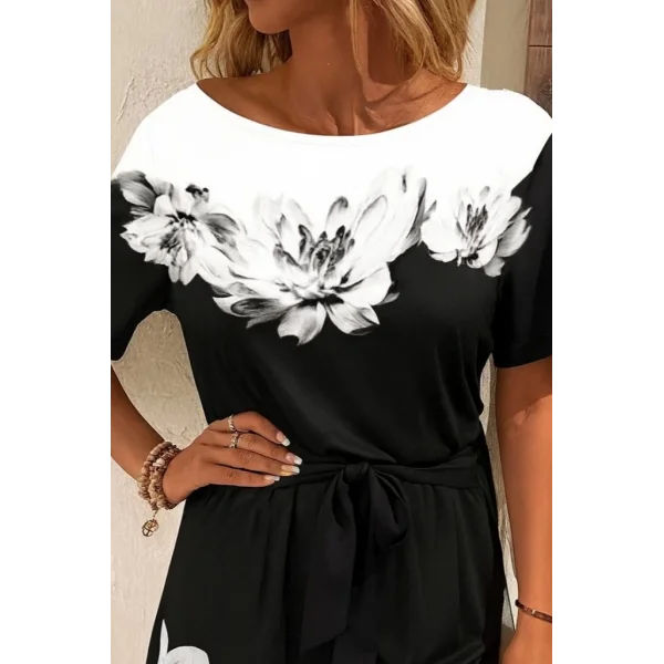 Kadın Tek Omuzu Açık çiçek Desenli Beli Kuşaklı Iki Iplik Mini Short Tulum