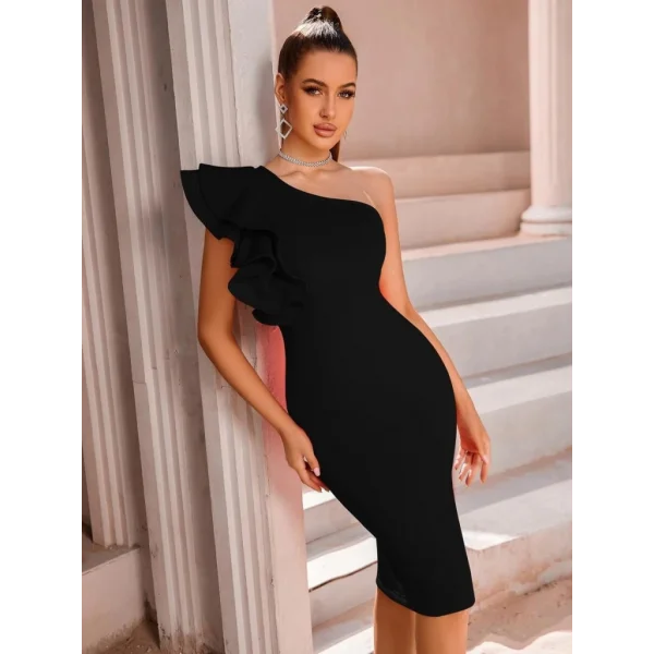 Kadın Tek Omuzu Açık Diğer Omuz Volan Detay Midi Ithal Krep Elbise