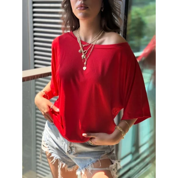 Kadın Tek Omuzu Açık Kısa Kollu Salaş Viskon Bluz