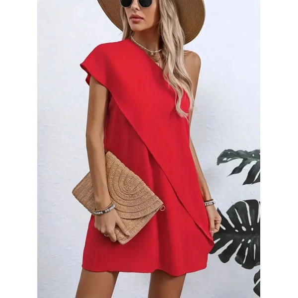 Kadın Tek Omuzu Açık önü Asimetrik Kesim Detaylı Sandy Elbise