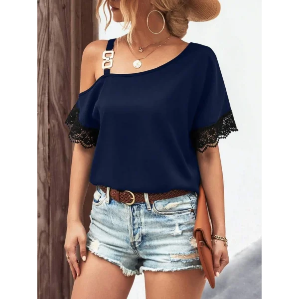 Kadın Tek Omuzu Askılı Kısa Kollu Toka Detaylı Dantelli Viskon Bluz