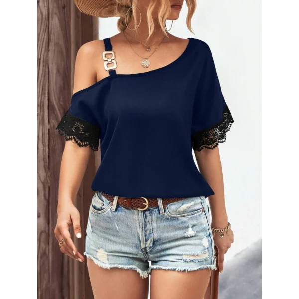 Kadın Tek Omuzu Askılı Kısa Kollu Toka Detaylı Dantelli Viskon Bluz