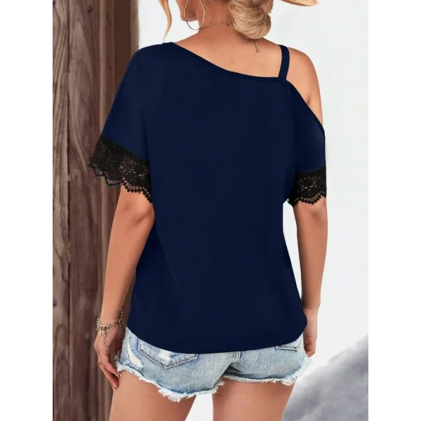 Kadın Tek Omuzu Askılı Kısa Kollu Toka Detaylı Dantelli Viskon Bluz