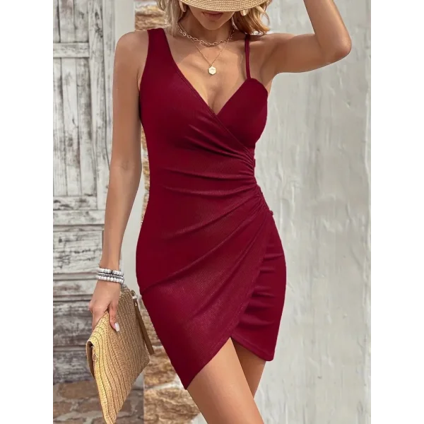 Kadın Tek Omuzu Ip Askılı Kruvaze Yakalı Belden Düğmeli Asimetrik Kesim Detaylı Kaşkorse Elbise