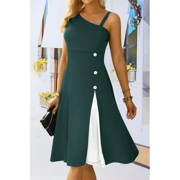 Kadın Tek Omuzu şerit Detaylı Kolsuz Yandan Düğme Detaylı Janjan Krep Elbise