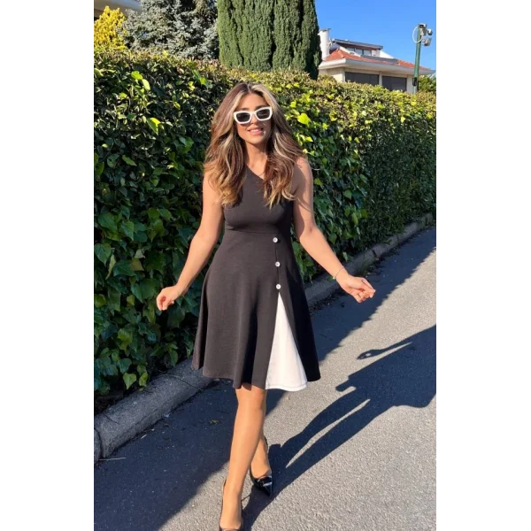 Kadın Tek Omuzu şerit Detaylı Sıfır Kol Yandan Düğme Detaylı Janjan Krep Elbise