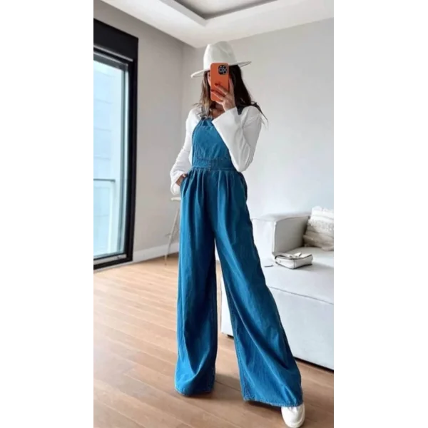 Kadın Tensel Kot Tulum - Mavi