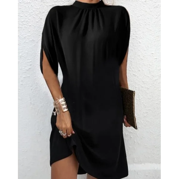 Kadın Ters Kol Detaylı Yarım Boğazlı Viskon Kumaş Mini Boy Elbise