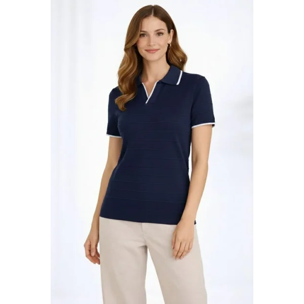 Kadın Triko Kumaş Yakalı Düğmesiz Açık Yaka Fitilli Kısa Kollu Regular Fit Tişört T-shirt - Lacivert