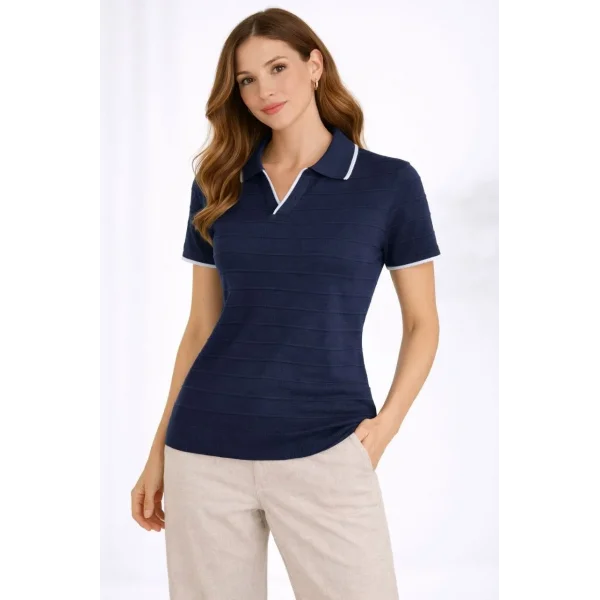 Kadın Triko Kumaş Yakalı Düğmesiz Açık Yaka Fitilli Kısa Kollu Regular Fit Tişört T-shirt - Lacivert