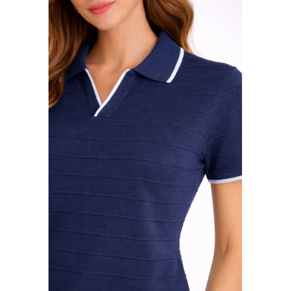 Kadın Triko Kumaş Yakalı Düğmesiz Açık Yaka Fitilli Kısa Kollu Regular Fit Tişört T-shirt - Lacivert