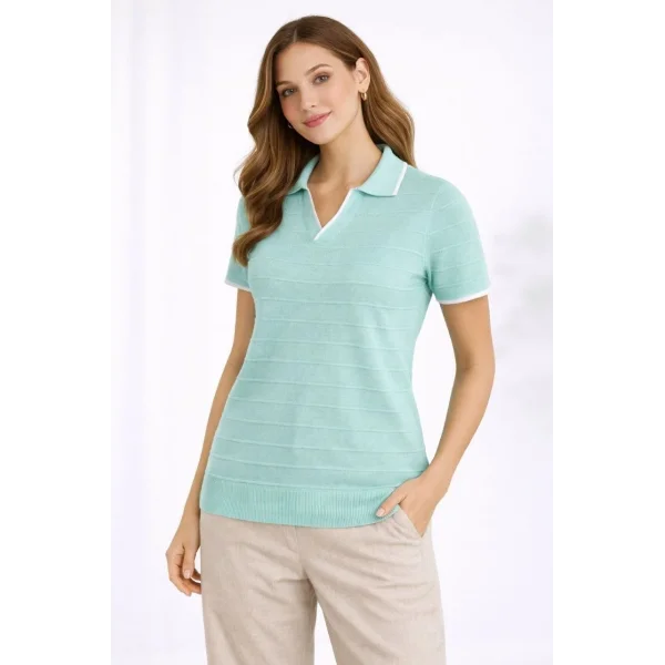 Kadın Triko Kumaş Yakalı Düğmesiz Açık Yaka Fitilli Kısa Kollu Regular Fit Tişört T-shirt - Mint Yeşili