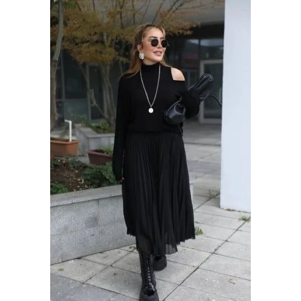 Kadın Triko Plise Ve Tül Detay Iki Parça Elbise