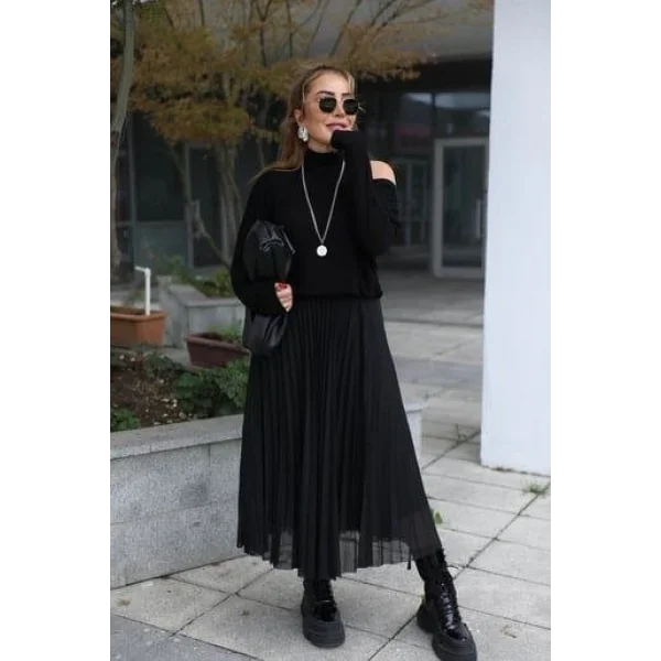 Kadın Triko Plise Ve Tül Detay Iki Parça Elbise