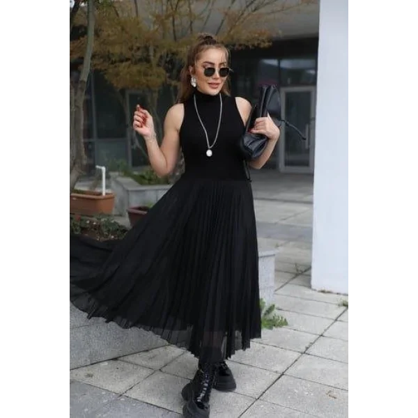 Kadın Triko Plise Ve Tül Detay Iki Parça Elbise