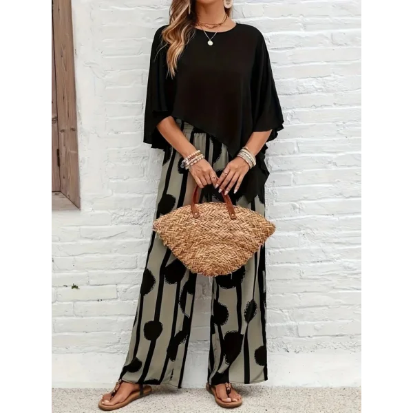 Kadın Truvakar Kol Bisiklet Yaka Asimetrik Dikişsiz Sandy Pelerin Bluz Ve Desenli Pantolon Ikili Takım