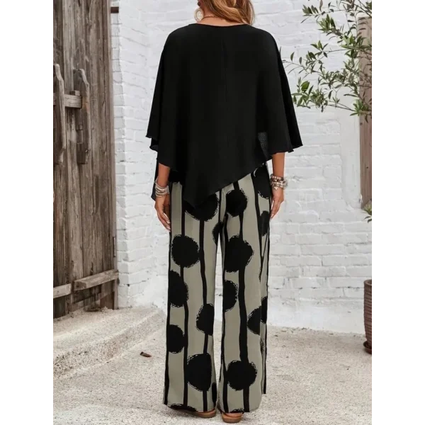 Kadın Truvakar Kol Bisiklet Yaka Asimetrik Dikişsiz Sandy Pelerin Bluz Ve Desenli Pantolon Ikili Takım