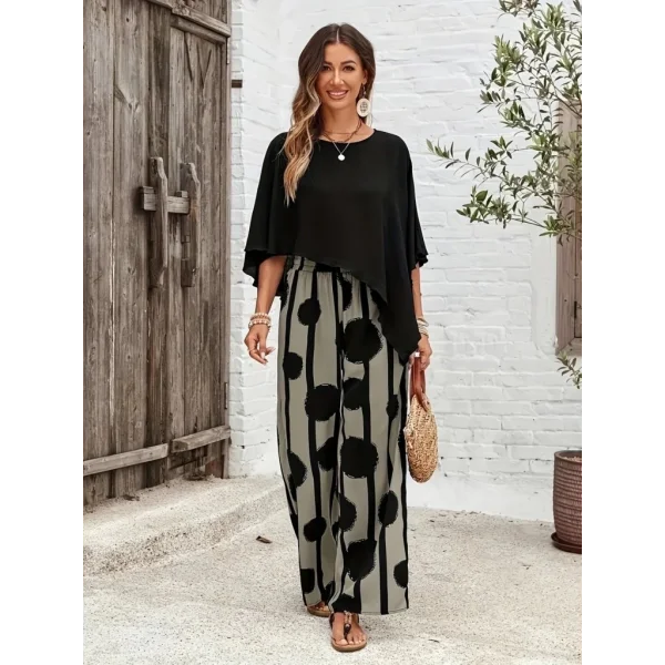 Kadın Truvakar Kol Bisiklet Yaka Asimetrik Dikişsiz Sandy Pelerin Bluz Ve Desenli Pantolon Ikili Takım