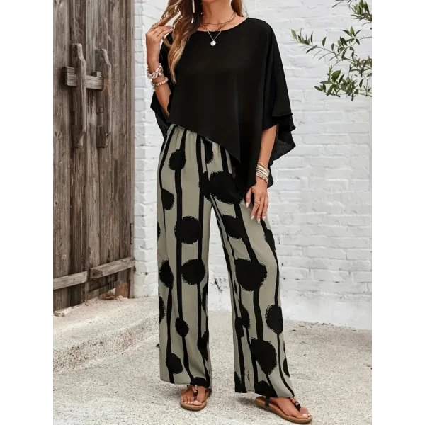 Kadın Truvakar Kol Bisiklet Yaka Asimetrik Dikişsiz Sandy Pelerin Bluz Ve Desenli Pantolon Ikili Takım