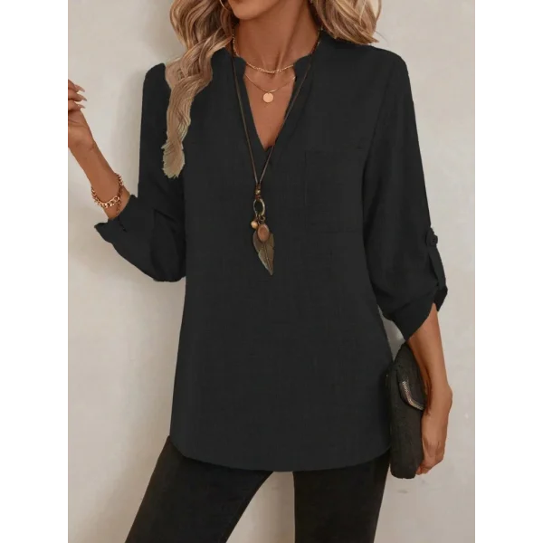 Kadın Truvakar Kol V Yakalı Keten Bluz