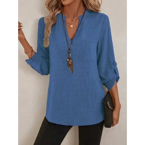 Kadın Truvakar Kol V Yakalı Keten Bluz