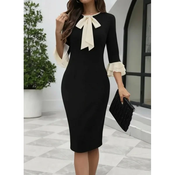 Kadın Truvakar Kollu Fiyonk Yakalı Midi Ithal Krep Elbise