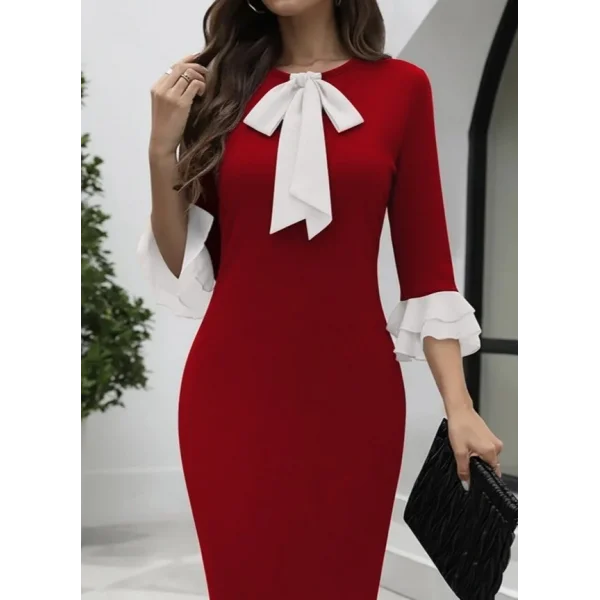 Kadın Truvakar Kollu Fiyonk Yakalı Midi Ithal Krep Elbise