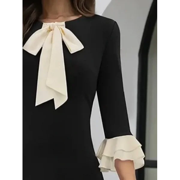 Kadın Truvakar Kollu Fiyonk Yakalı Midi Ithal Krep Elbise