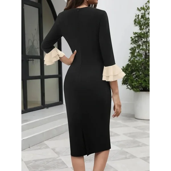 Kadın Truvakar Kollu Fiyonk Yakalı Midi Ithal Krep Elbise