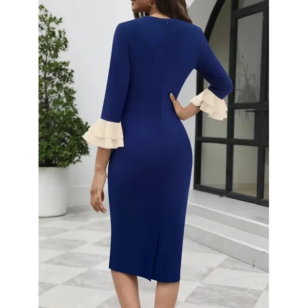 Kadın Truvakar Kollu Fiyonk Yakalı Midi Ithal Krep Elbise