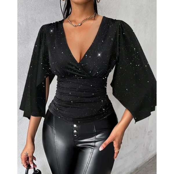 Kadın Truvakar Kollu Kruvaze Yakalı Simli Sandy Bluz