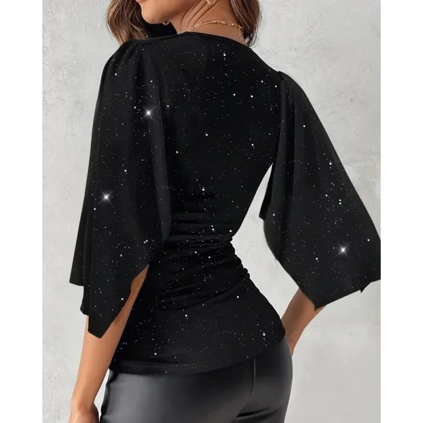 Kadın Truvakar Kollu Kruvaze Yakalı Simli Sandy Bluz