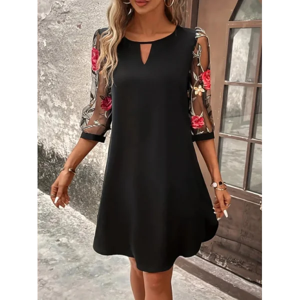 Kadın Truvakarkol çiçek Desenli Tül Kol Bisiklet Yaka çiçek Desen Sandy Salaş Kısa Elbise