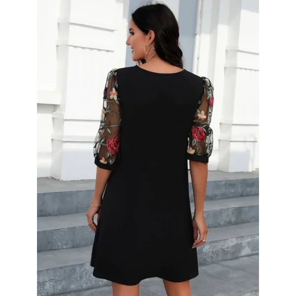 Kadın Truvakarkol çiçek Desenli Tül Kol Bisiklet Yaka çiçek Desen Sandy Salaş Kısa Elbise